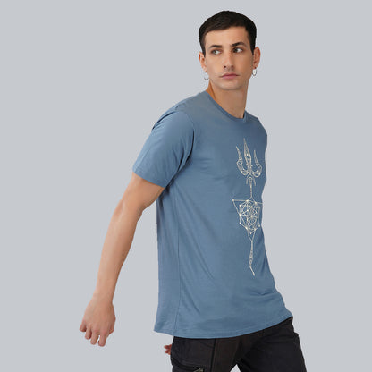 T-shirt de couleur bleu océan à col rond et manches mi-longues Sacred Trishul