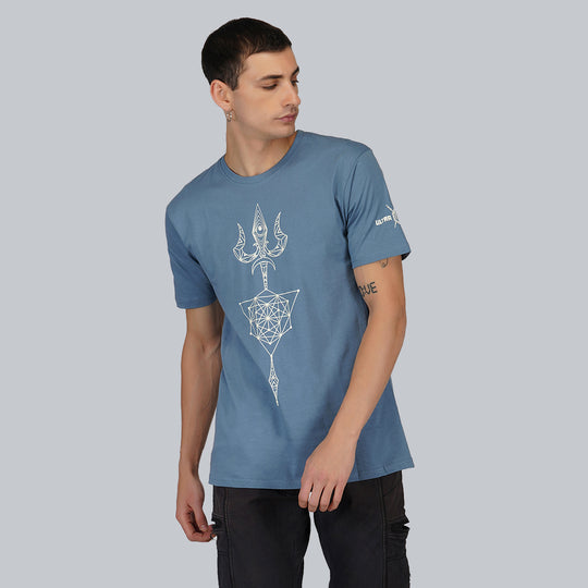 Sacred Trishul Round Neck Half Sleeve Ocean Blue Color T-Shirt