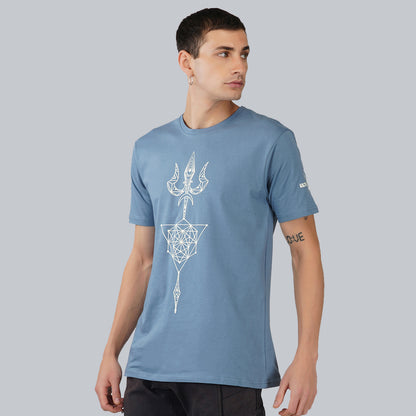 T-shirt de couleur bleu océan à col rond et manches mi-longues Sacred Trishul