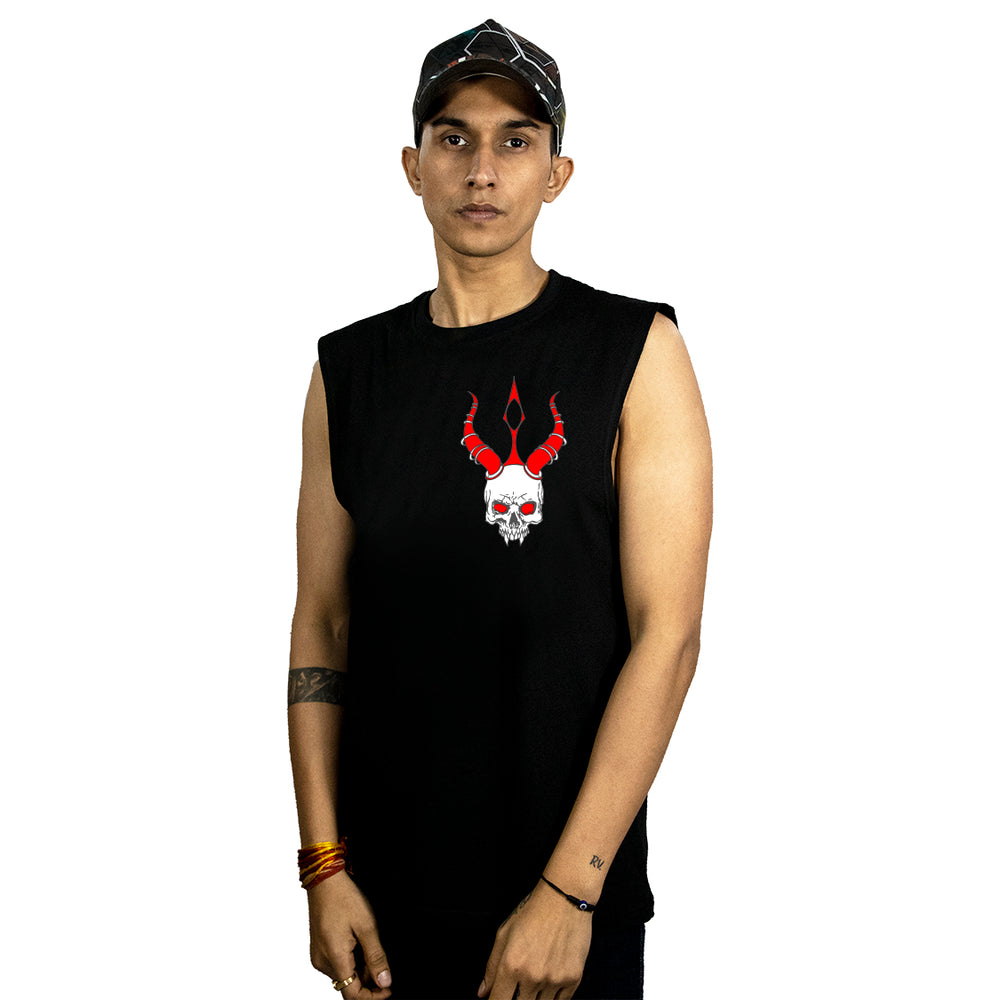 A person wearing a black sleeveless t-shirt with a red and black skull design and the brand 'Ultra Tribe' printed on the neck back.