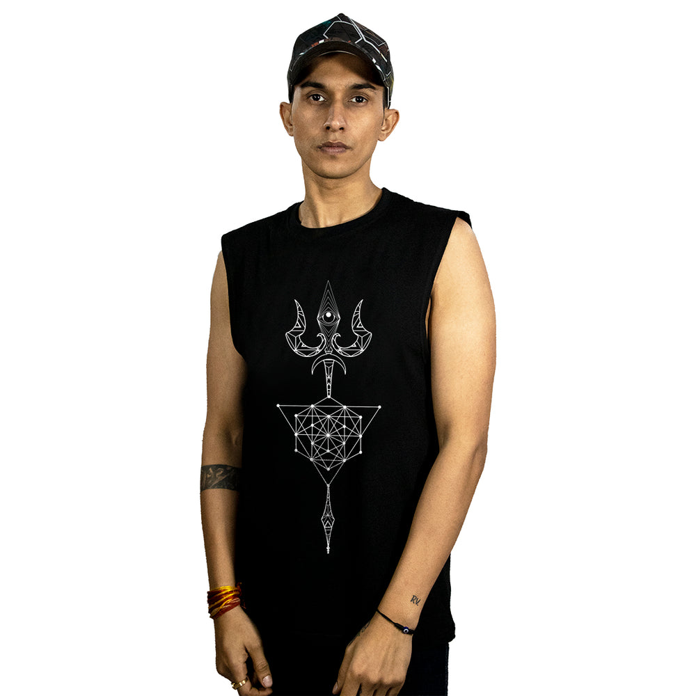 A person wearing a black sleeveless t-shirt with a round neck and a UV reactive and glow in the dark cut sleeve design.