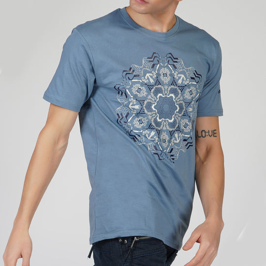 Altering Pattern Round Neck Half Sleeve Ocean Blue Color T-Shirt