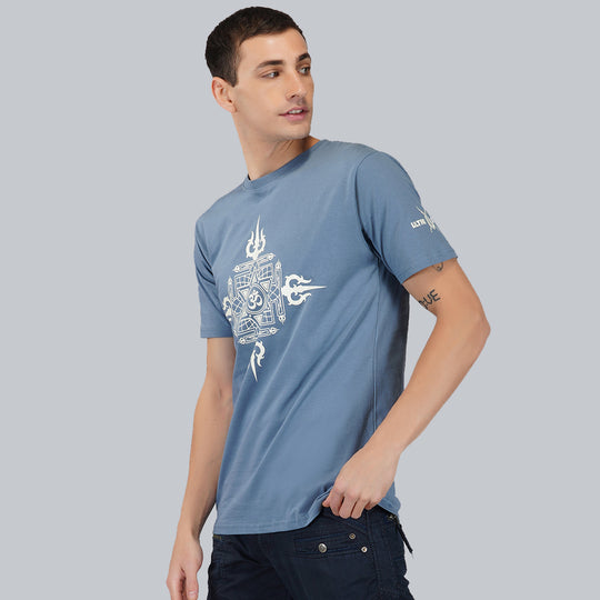 Trishul Yantra T-shirt met ronde hals en halflange mouwen in oceaanblauw