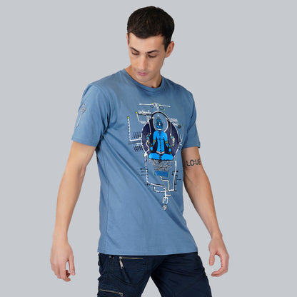Tantrik T-shirt met ronde hals en halflange mouwen in oceaanblauw
