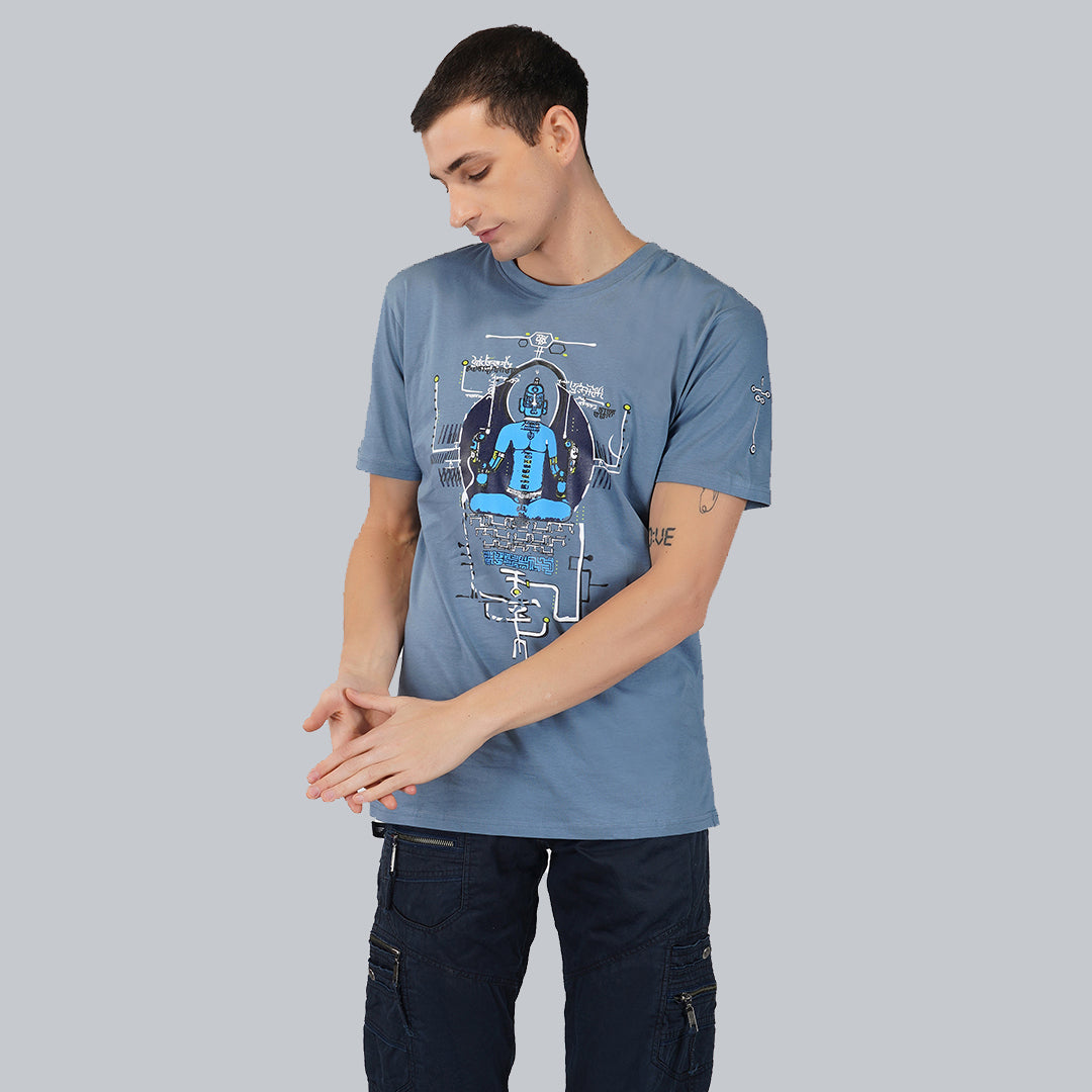 Tantrik T-shirt met ronde hals en halflange mouwen in oceaanblauw